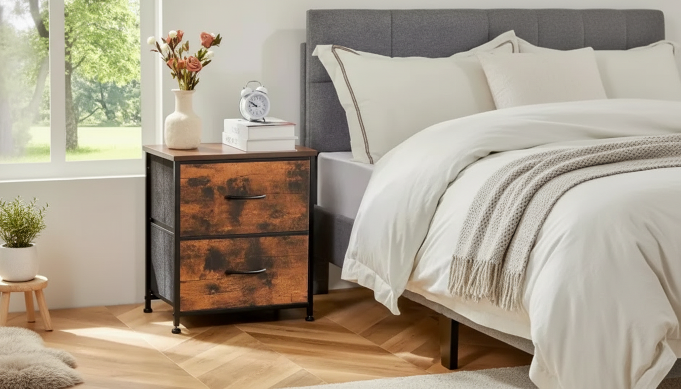 Compact Modern Nightstand: 2 Fabric Drawers + Wood Top