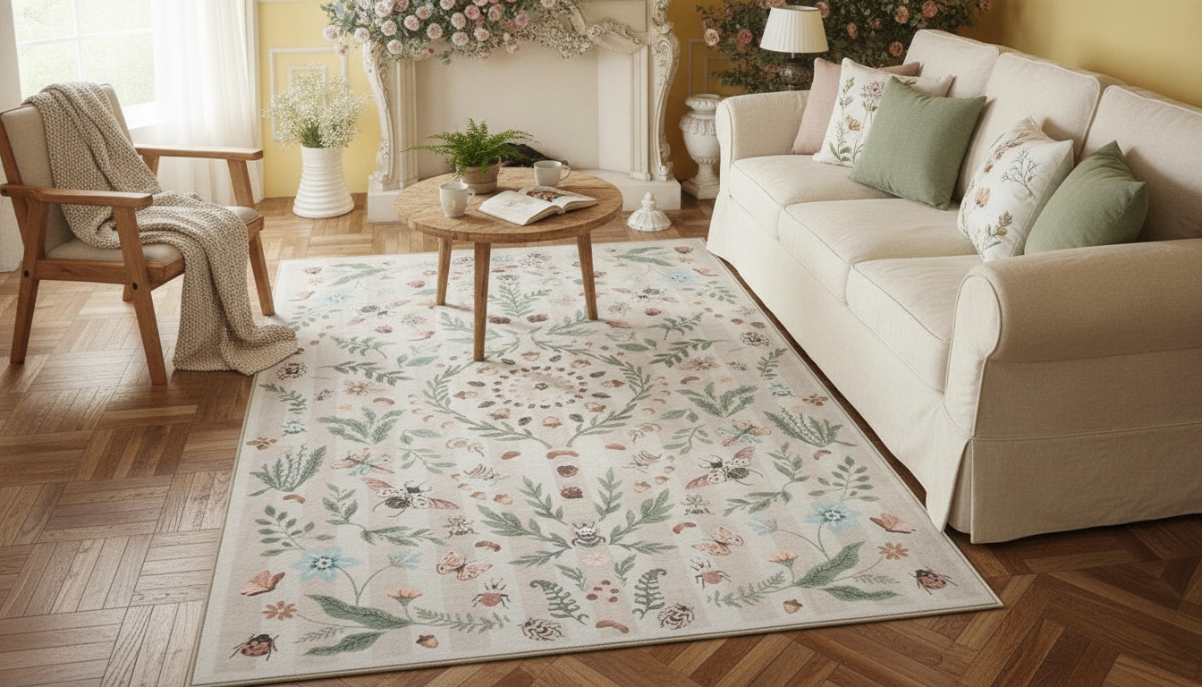 Insect Botanical Washable Rug: Soft, Non-Slip Style