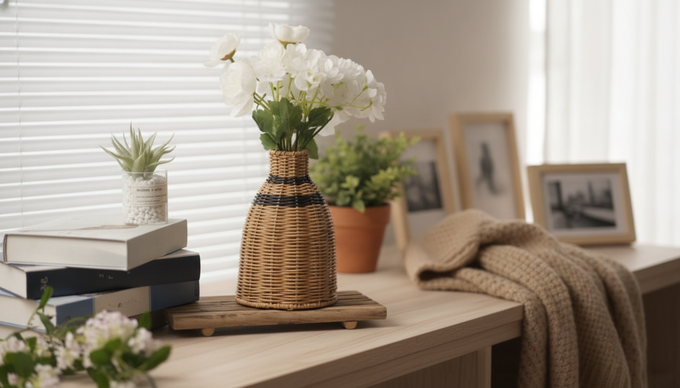 Retro Rattan-Style Woven Vase for Cozy Shelf Styling